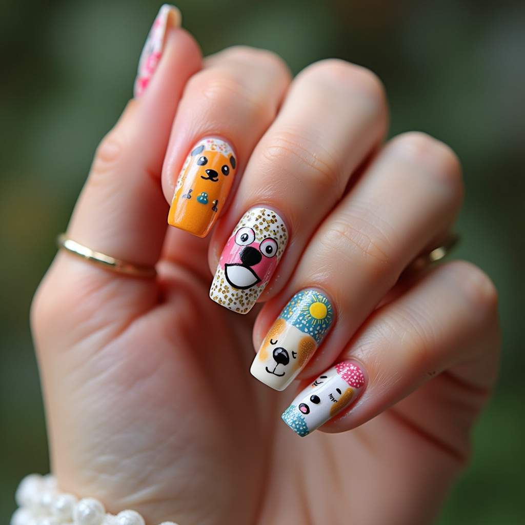 Colorful nail art with various dog designs, vibrant tones, playful design, natural lighting, 8K Unhas coloridas com diversos desenhos de cachorros.