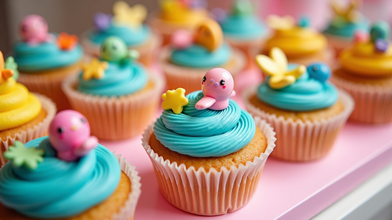 Colorful Nescau cupcakes, party table, kids party, 8K, professional photography, vibrant colors, Cupcakes de Nescau divertidos para crianças.