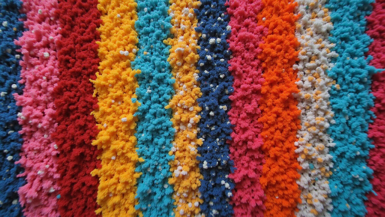 Colorful no-sew rag rug with unique patterns and textures, showcasing creative design. Natural Tapete de retalhos com design exclusivo.