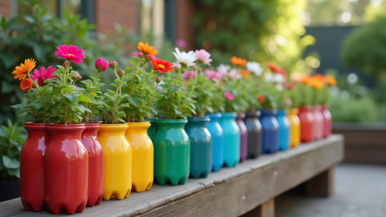 Colorful painted PET bottle planters, vibrant garden, geometric patterns, natural light, lifestyle Vasos de planta coloridos feitos com garrafa PET em um jardim vibrante.