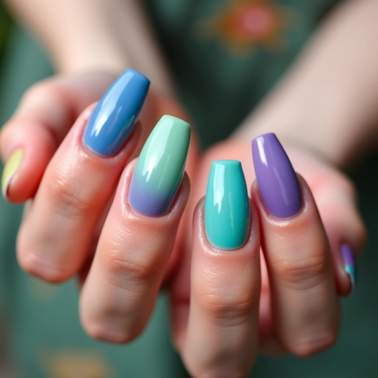 Combinação de cores azul e verde para unhas degradê.