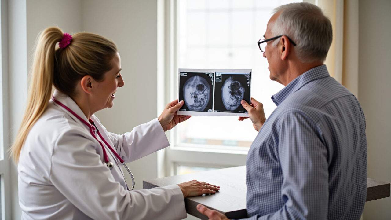 Médico explicando resultado de mamografia para paciente.