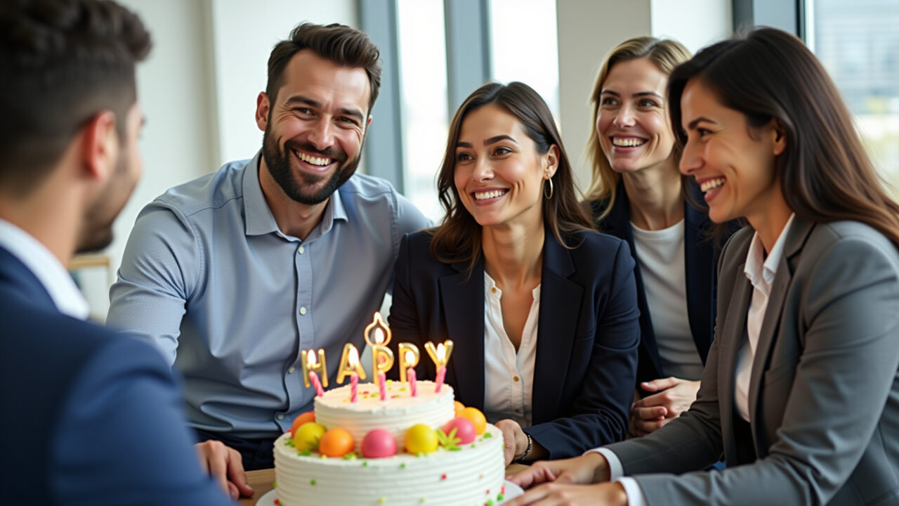 Commercial photography, 8K quality, diverse office team congratulating boss, natural lighting, Equipe parabenizando chefe no escritório.