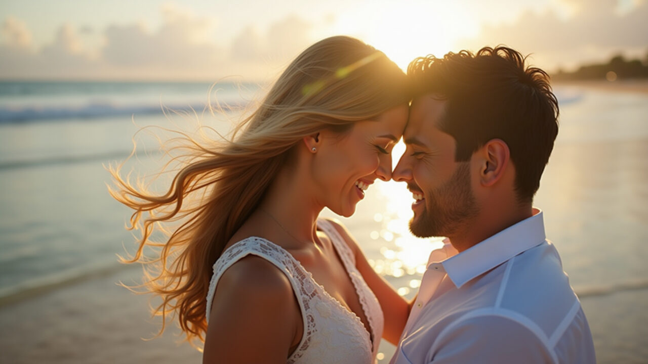 Commercial photography, 8K quality, loving couple, natural lighting, romantic setting, birthday Casal apaixonado celebrando aniversário na praia.