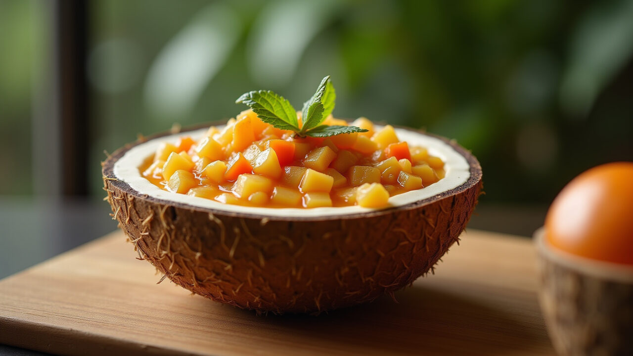 Commercial photography of a traditional manjar de coco with ameixa calda, Brazilian style, vibrant Manjar de coco com calda de ameixa.