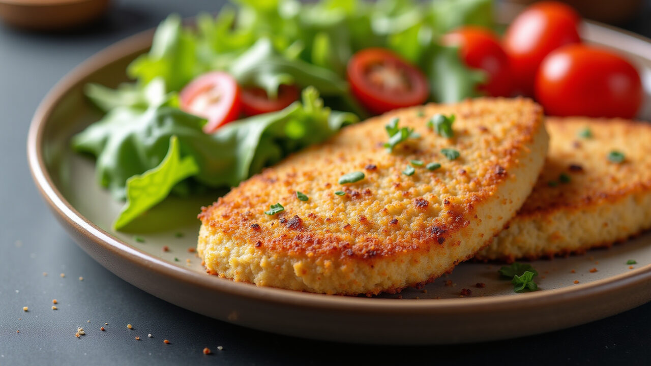 Commercial photography of breaded chicken breast with parmesan crust, fresh salad, natural Peito de frango empanado com crosta de parmesão.