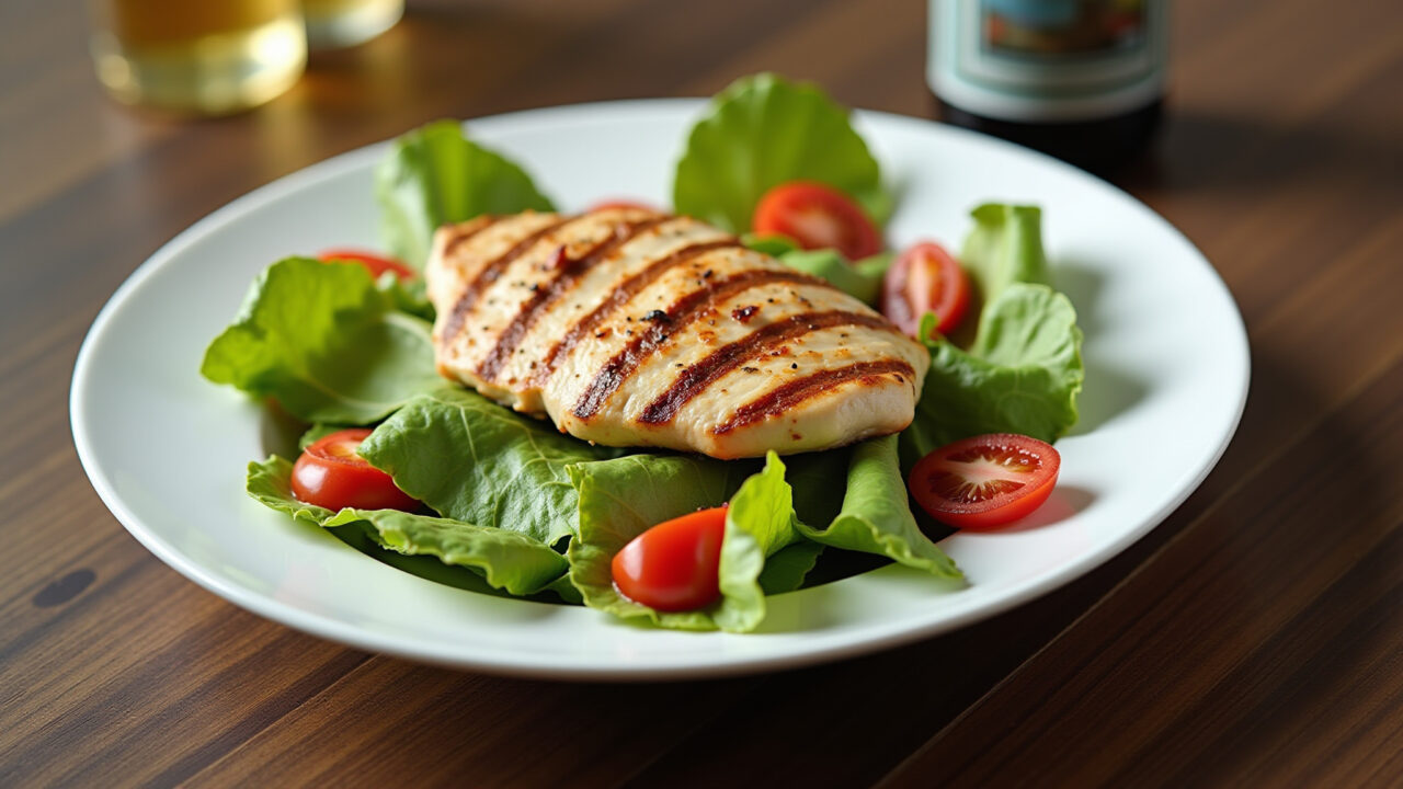Commercial photography of Caesar salad with grilled chicken breast, fresh ingredients, Brazilian Salada Caesar com peito de frango grelhado.