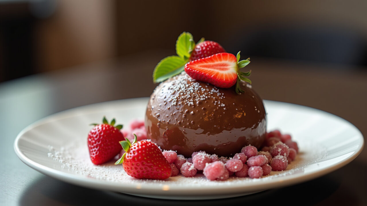 Commercial photography of chocolate tapioca with fresh strawberries, gourmet dessert, 8K quality, Tapioca de chocolate com morango, receita gourmet.