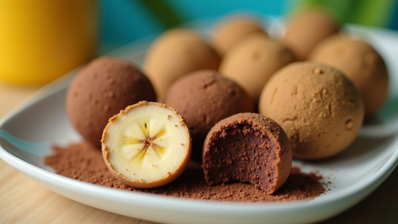 Commercial photography of creamy banana brigadeiro in a colorful Brazilian setting, chocolate Brigadeiro de banana cremoso.