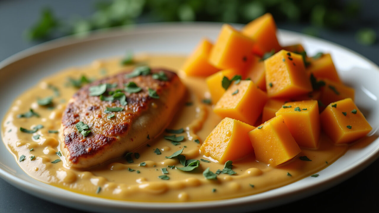 Commercial photography of creamy chicken with sweet potato, Brazilian style, 8K quality, sharp Peito de frango cremoso com batata doce.