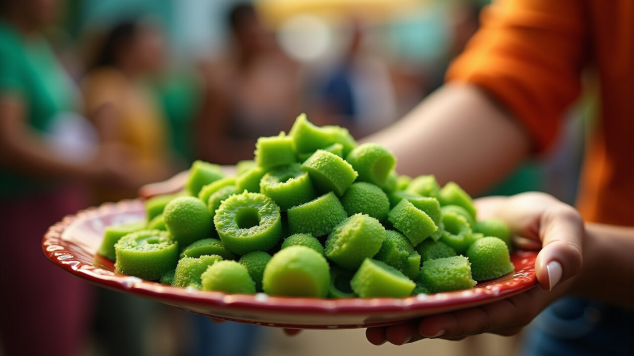 Commercial photography of curau de milho verde being served at a Festa Junina, Brazilian setting, Curau de milho verde cremoso.