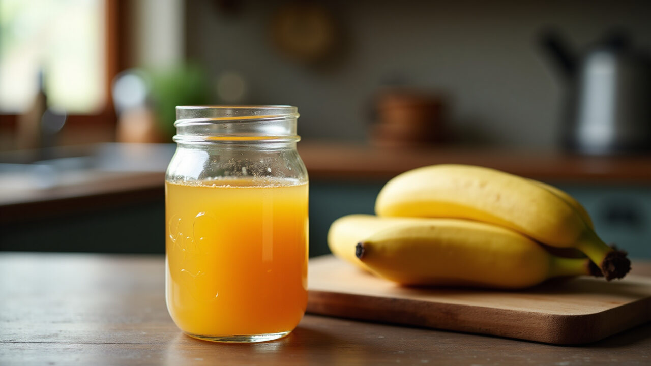 Commercial photography of homemade banana jam in a glass jar, Brazilian kitchen setting, rustic Doce de banana caseiro cremoso.