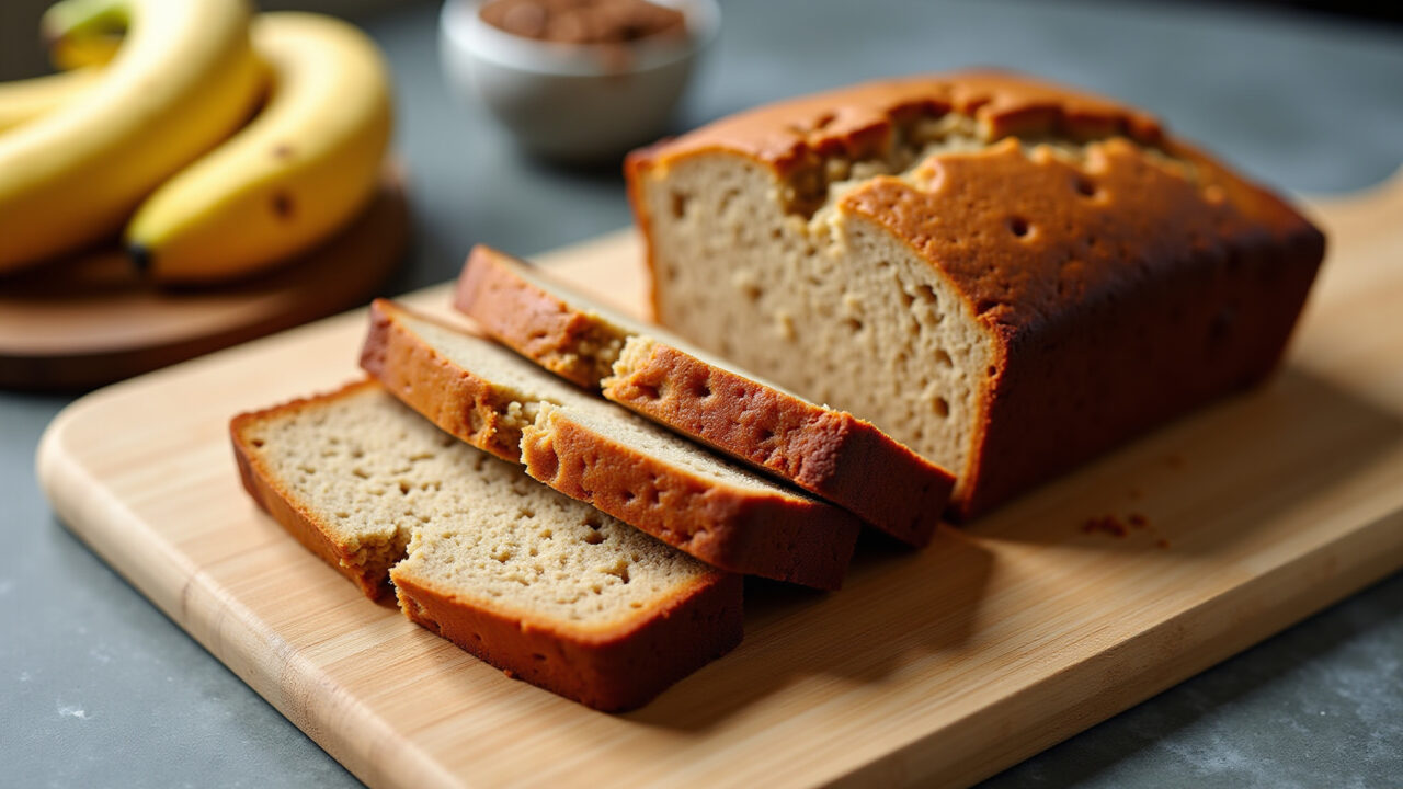 Commercial photography of homemade integral banana bread on a wooden cutting board, Brazilian Pão de banana integral caseiro.