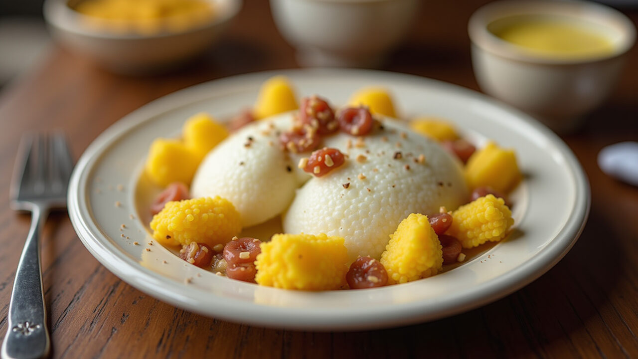 Commercial photography of tapioca with queijo coalho and manteiga de garrafa, authentic Tapioca com queijo coalho e manteiga de garrafa, sabor nordestino.