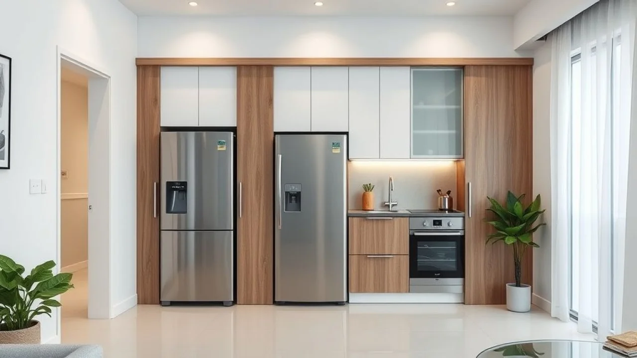 Compact Brazilian kitchen with sliding doors concealing a refrigerator. Modern design, professional Cozinha compacta brasileira com portas de correr escondendo a geladeira. Solução inteligente para otimizar espaço.