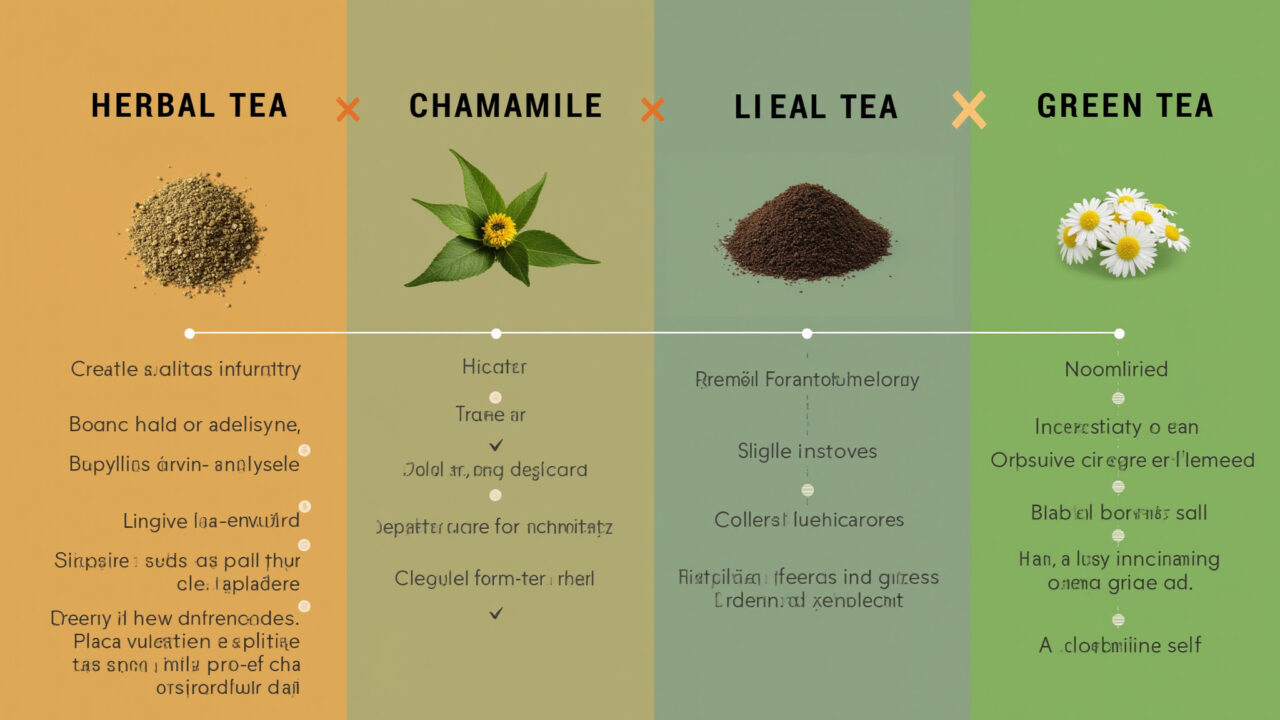 Comparison of herbal teas, siriguela leaf tea, chamomile, green tea, infographic style, healthy Comparativo entre chás medicinais.