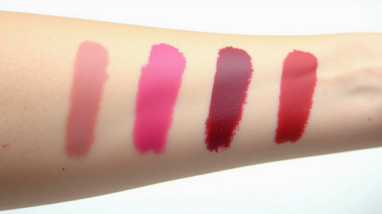 Comparison swatches: Nyx Monte Carlo vs. similar national matte lipsticks, studio light, 8k, Comparativo: Nyx Monte Carlo versus batons nacionais similares.