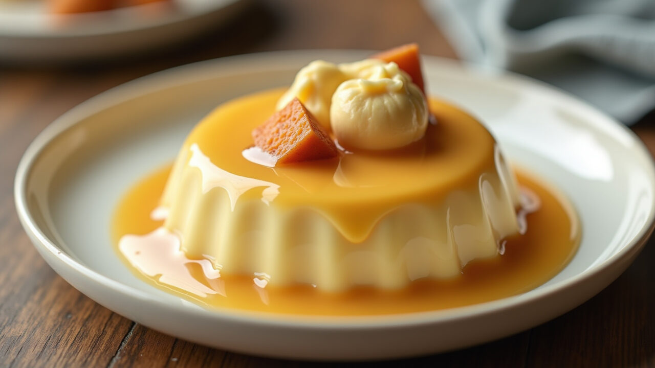Condensed milk pudding, creamy, professional photography, 8K quality, natural lighting, brazilian Pudim de leite condensado cremoso com creme de leite fresco.