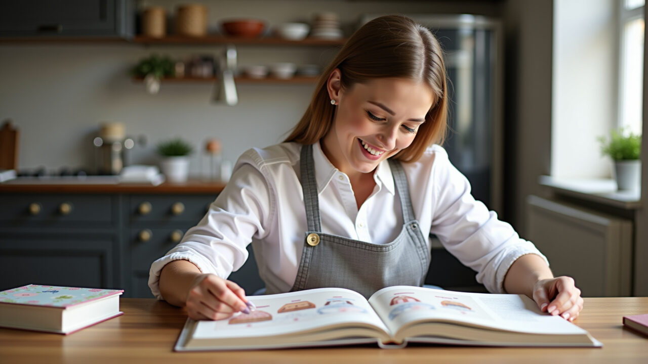 Confectioner browsing cake decorating books, inspiration, sharp focus, 8K quality, natural Confeiteira buscando inspiração para decoração de bolo.
