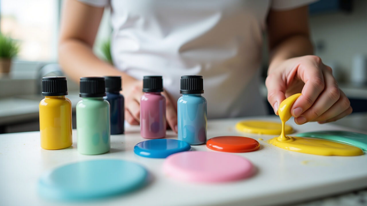 Confectioner selecting gel food coloring for fondant, bright kitchen, professional photography, 8K Confeiteira escolhendo corantes em gel.