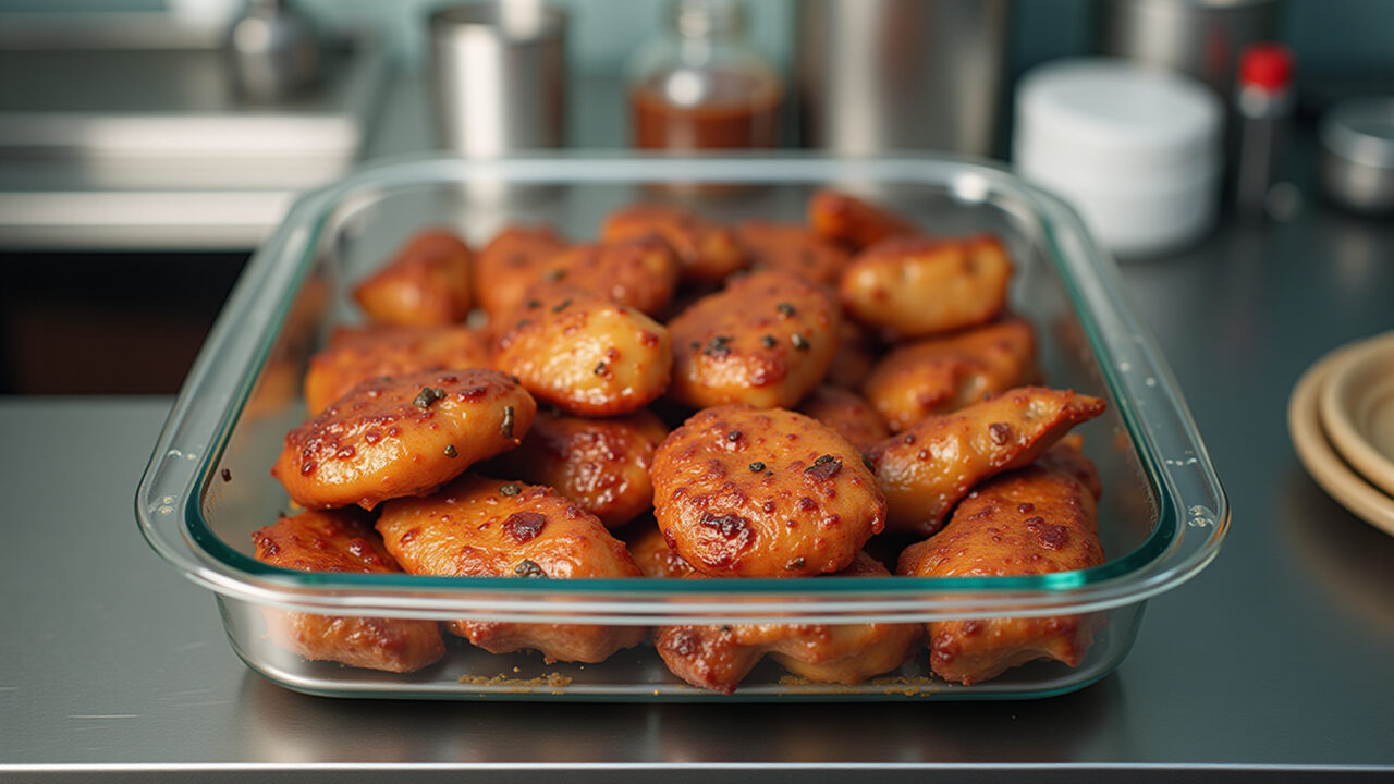 Cooked pork in a glass container, fridge, professional photography, 8K, sharp focus, organized, Carne de porco cozida armazenada em recipiente de vidro.