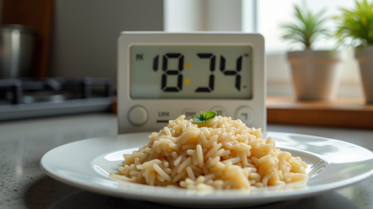 Cooked rice on plate, timer beside it, kitchen background, concept of time affecting food, 8k, Arroz cozido com um timer ao lado, representando o tempo de conservação.
