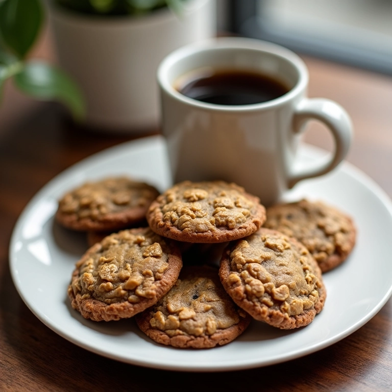 Cookies de aveia em um prato com uma xícara de café, um doce mais leve e saboroso para acompanhar sua bebida favorita.