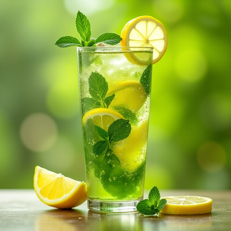 Copo de chá verde gelado com limão e hortelã.