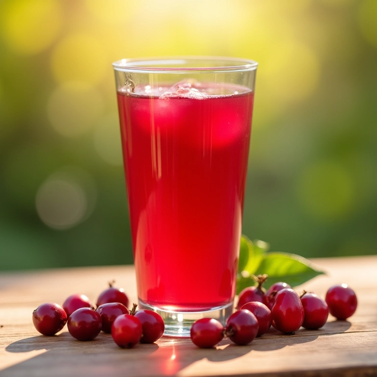 Copo de suco de cranberry em mesa de madeira, cercado por cranberries.