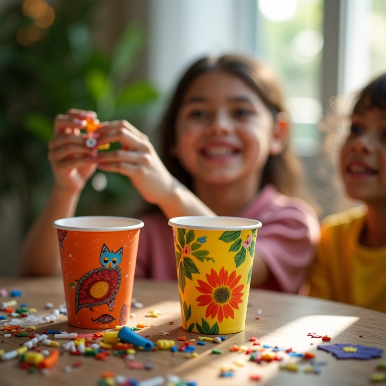 Copos decorados para telefone sem fio infantil.