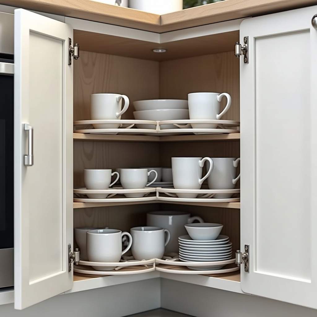 Corner cabinet organization, rotating shelves, cups and saucers, smart solutions, bright, Organização de xícaras e pires em armário de canto.