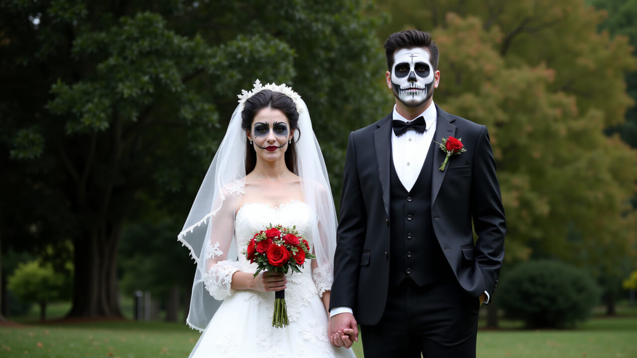 Corpse Bride and groom Halloween costume, old wedding dress, torn veil, pale makeup, black suit, Fantasia assustadora de Halloween: Noiva Cadáver e noivo macabro.