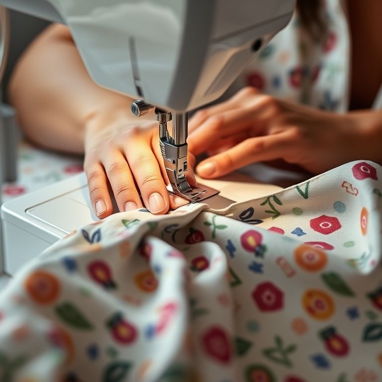 Costurando as peças do pijama com cuidado e capricho em uma máquina de costura.