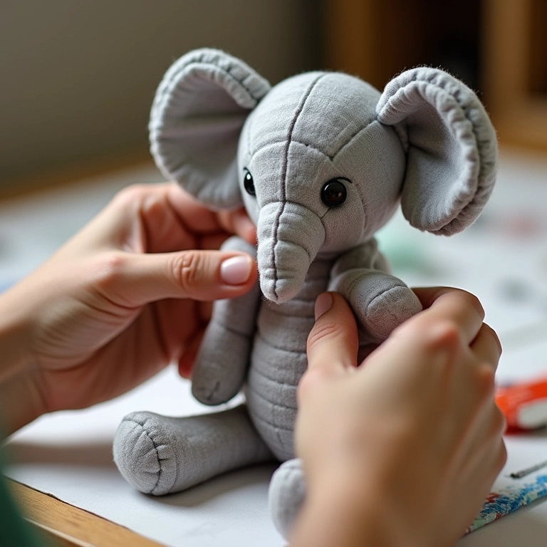 Costurando partes de um elefante de amigurumi.
