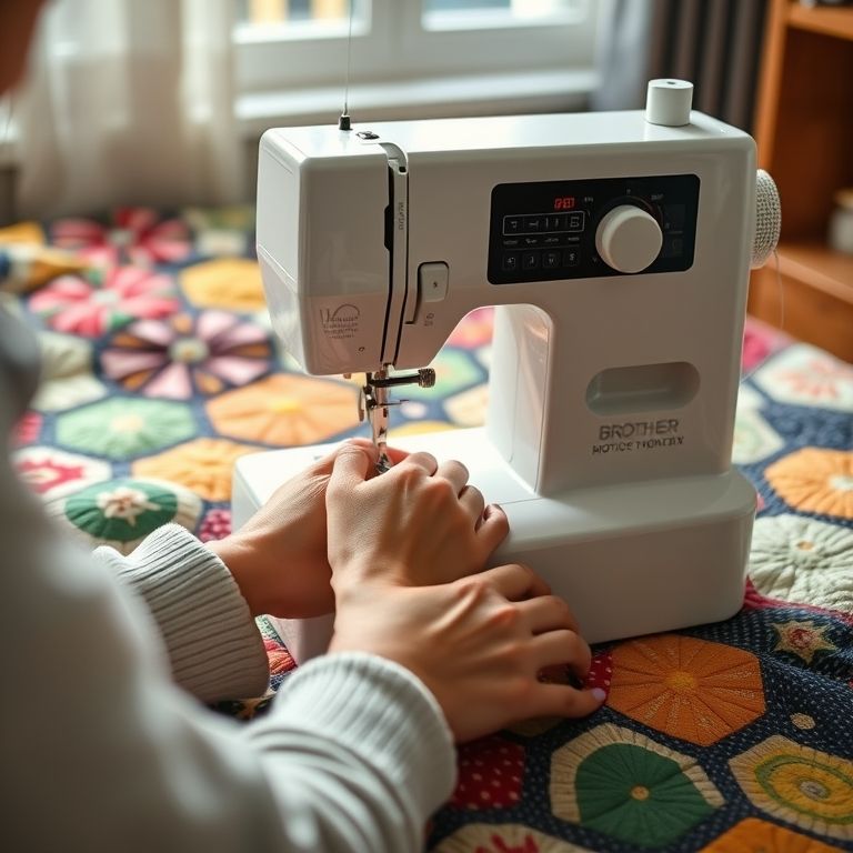 Costureira usando máquina Brother para criar um quilt colorido.