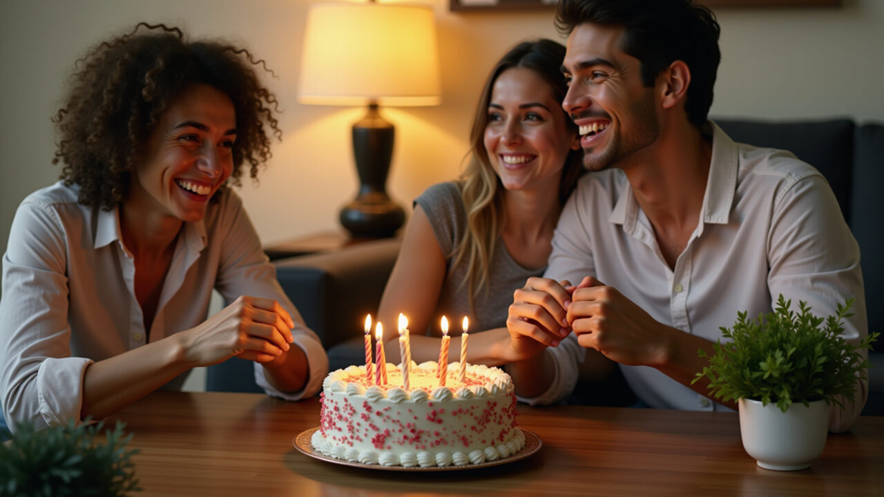 Couple celebrating birthday, short romantic quote overlayed. Brazilian apartment, warm lighting, Casal apaixonado celebrando aniversário com frase romântica.