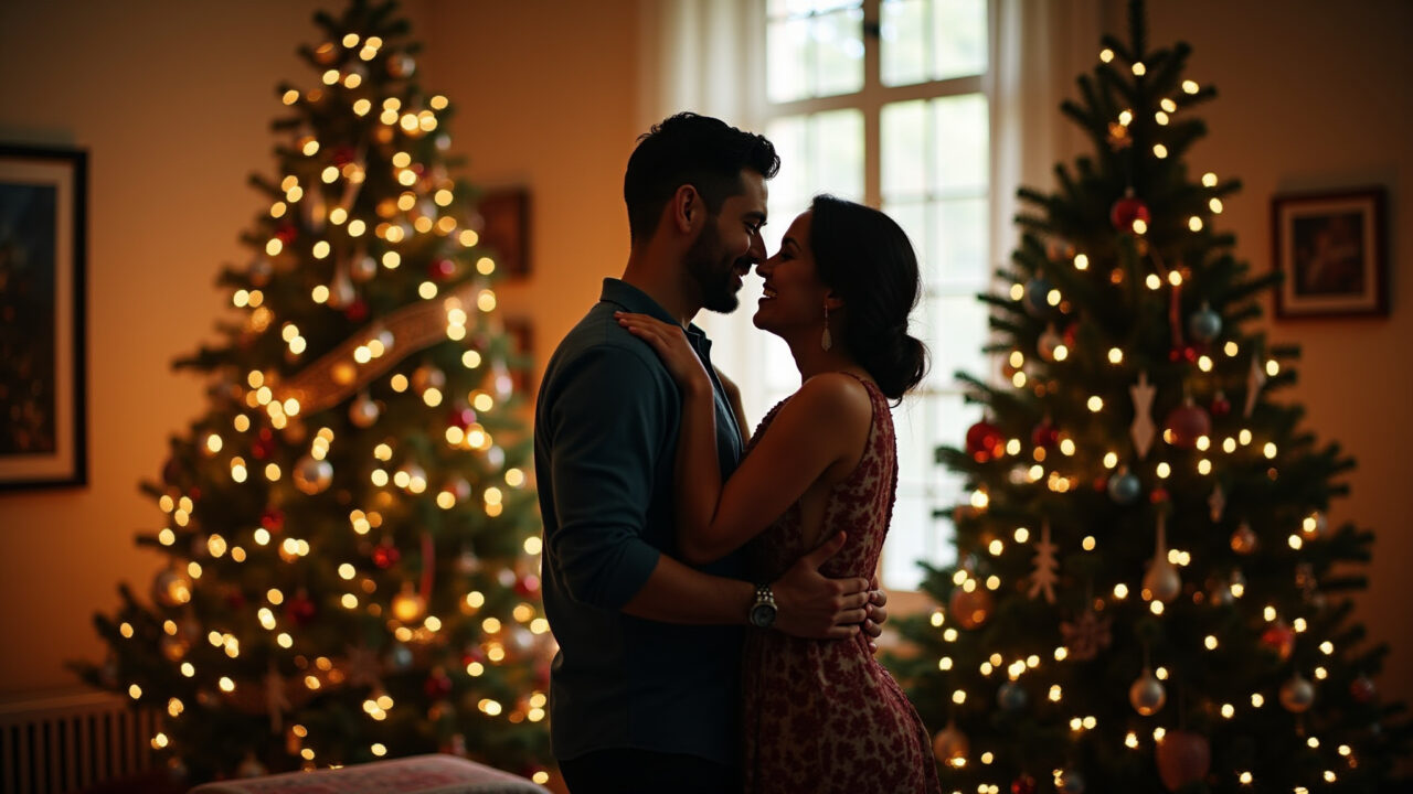 Couple exchanging loving glances near a Christmas tree, romantic Christmas setting, warm lighting, Casal apaixonado trocando olhares em frente à árvore de Natal.