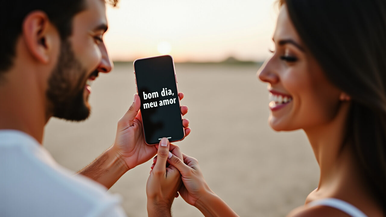 Couple in their 30s, smiling and holding hands, with a 'bom dia, meu amor' message on a phone Casal apaixonado com frase de bom dia para o amor.