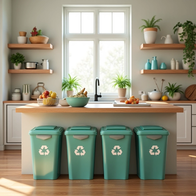Cozinha ensolarada com lixeiras de reciclagem organizadas e recipientes reutilizáveis, estilo Farm Rio.
