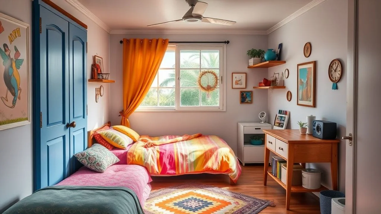 Cozy and compact Brazilian bedroom with a single bed, featuring colorful bedding and playful Quarto de solteiro compacto e colorido no Brasil. Cama de solteiro, quarto, adolescente, Brasil.