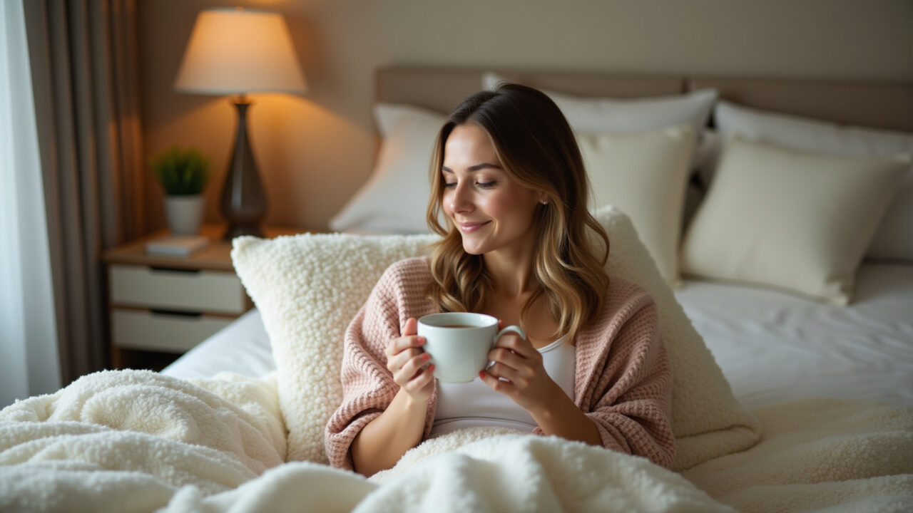 Cozy bedroom scene, woman relaxing with chamomile tea before bed, soft lighting, professional Mulher relaxando com chá de camomila antes de dormir.