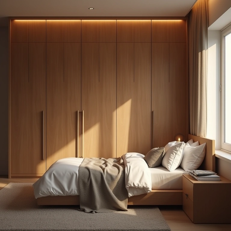 Cozy bedroom with MDF wardrobe with built-in lighting, soft glow, relaxing atmosphere, lifestyle Quarto com iluminação embutida no guarda-roupa MDF.