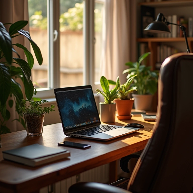 Cozy home office setup, powerful laptop, 8GB RAM, Intel i5, natural light, Brazilian style, 8k Notebook com 8GB de RAM e processador Intel i5 em home office.