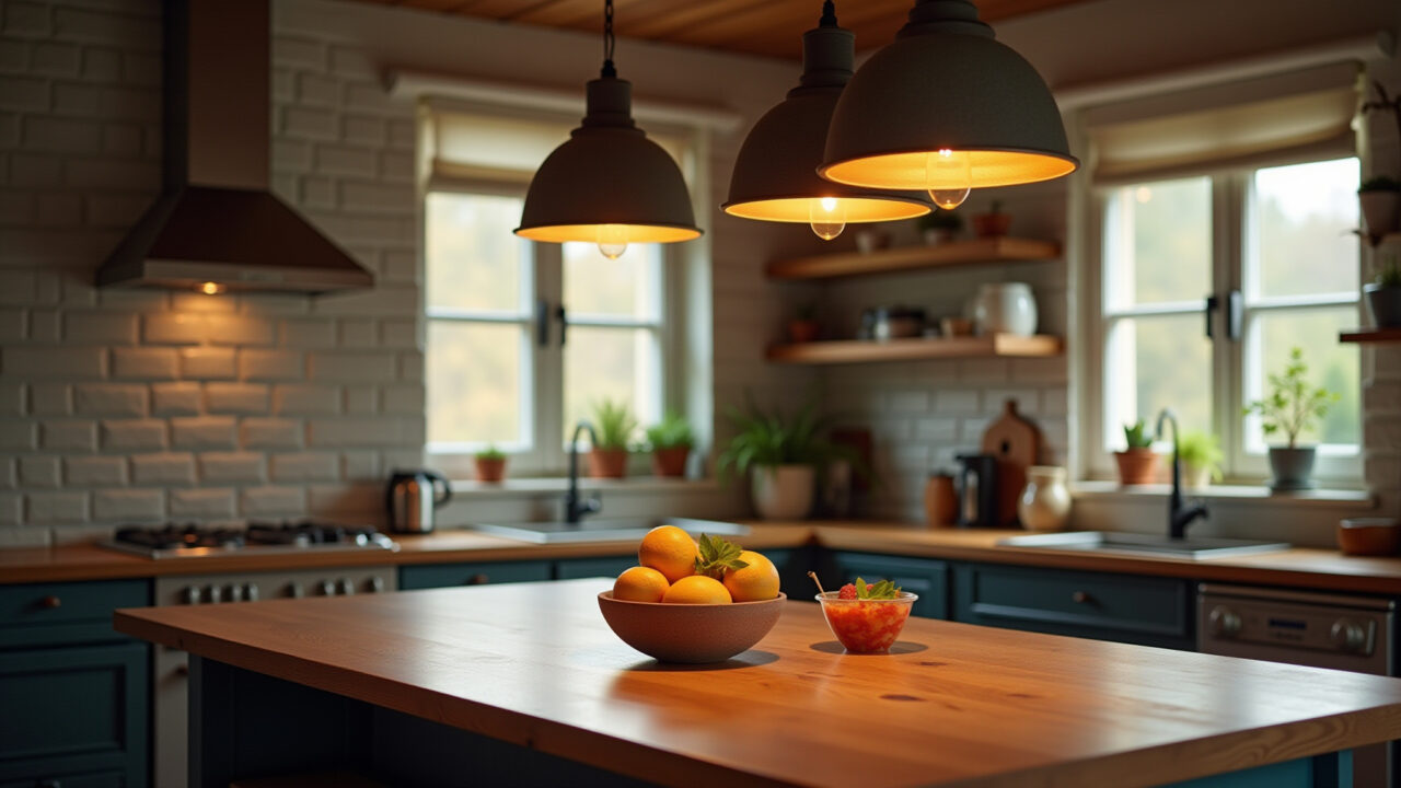 Iluminação estratégica em cozinha aconchegante.
