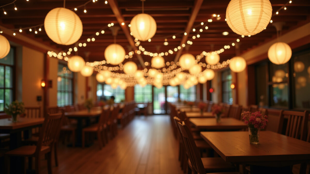 Cozy party ambiance, soft lighting, paper lanterns, fairy lights, professional photography, 8K Iluminação aconchegante para festa ursinha rosa.