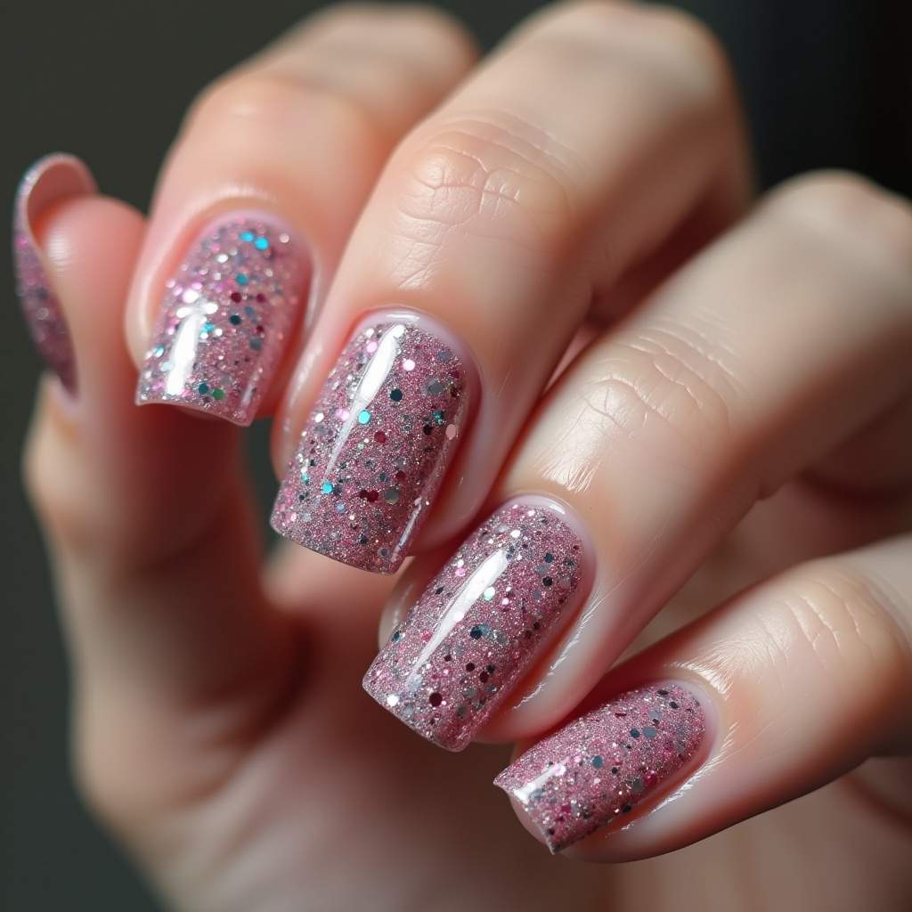 Cracked nail polish effect with glitter layered on top, professional photography, 8K quality, sharp Unha craquelada com brilho.
