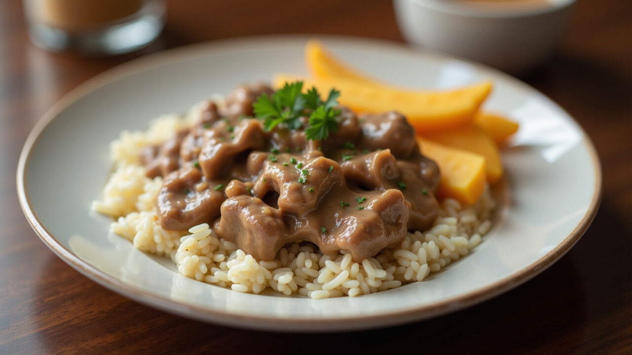 Creamy beef stroganoff with rice and potato sticks, professional photography, 8k quality, sharp Strogonoff de carne com bife, receita cremosa.
