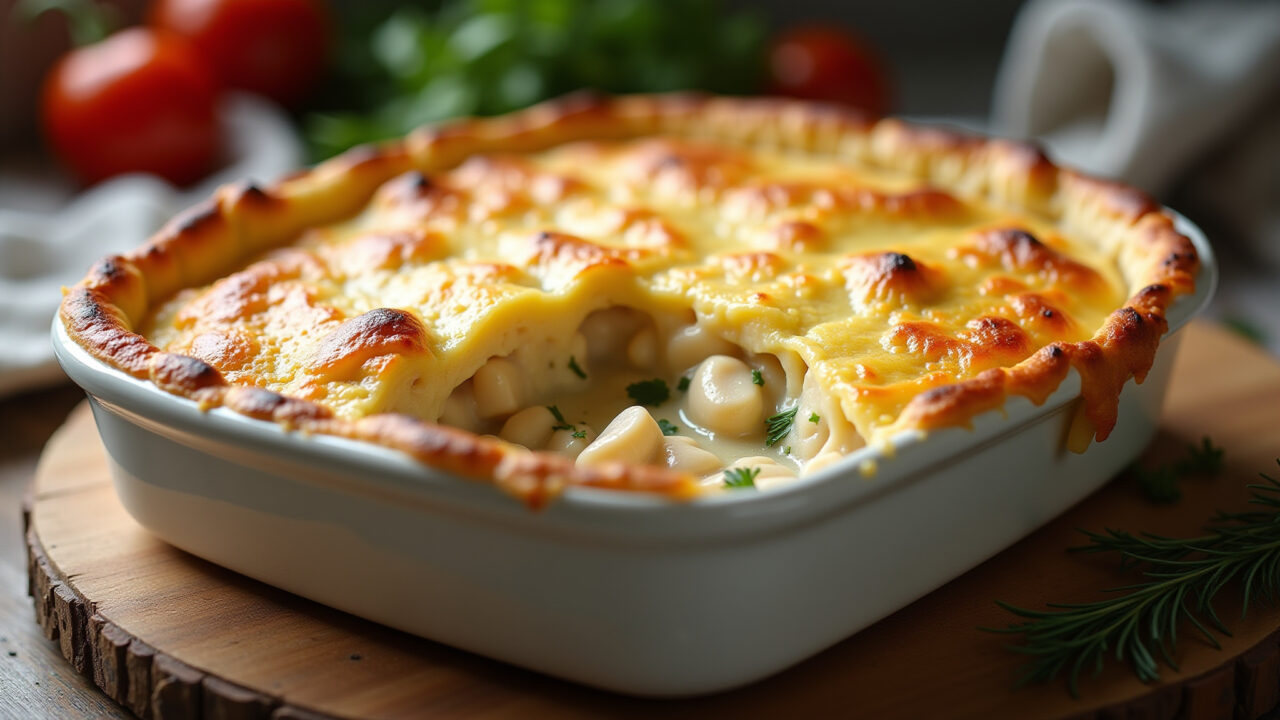 Creamy chicken pot pie casserole, golden crust, rustic kitchen setting, natural light, professional Escondidinho cremoso de galinha picada com purê de batata.