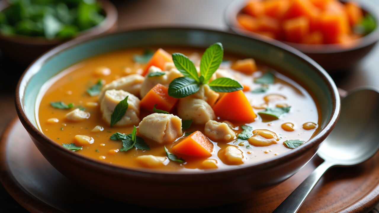 Creamy chicken soup with vegetables, rustic bowl, spoon, warm lighting, professional photography, Sopa cremosa de galinha picada com legumes.
