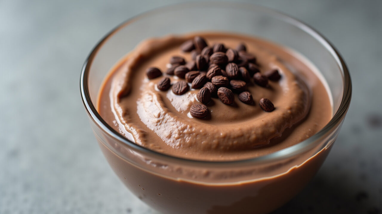 Creamy chocolate whey protein mousse with cocoa nibs, served in a glass bowl, studio lighting, Mousse cremoso de whey de chocolate com nibs de cacau.